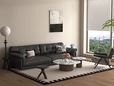 Modern Black Sofa Set With Coffee Tables Floor Lamp Wall Art And Green View 3d model
