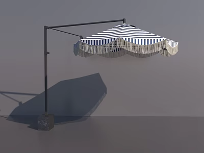 Blue And White Striped Awning With Fringe Trim And Cantilever Metal Frame For Outdoor Use 3d model