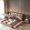 Modern Brown Tufted Headboard Double Bed With Wooden Accent Wall And LED Strip Lighting