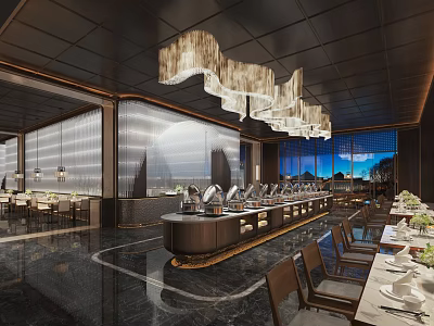 Luxurious Modern Restaurant Interior Design With Chandelier Bar Counter Dining Tables Chairs And City View 3d model