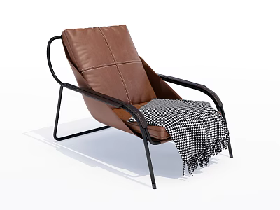 Modern Brown Leather Lounge Chair With Black Metal Frame And Checkered Blanket 3d model