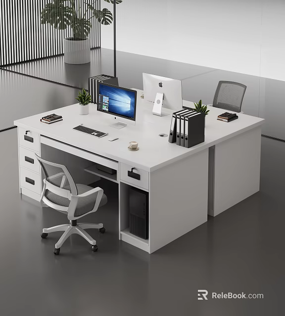 Modern Office Workspace With White Desk Dual Monitors Chair Plants File Organizers And Drawers 3d model 