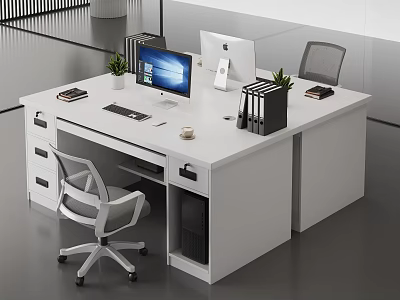 Modern Office Workspace With White Desk Dual Monitors Chair Plants File Organizers And Drawers 3d model