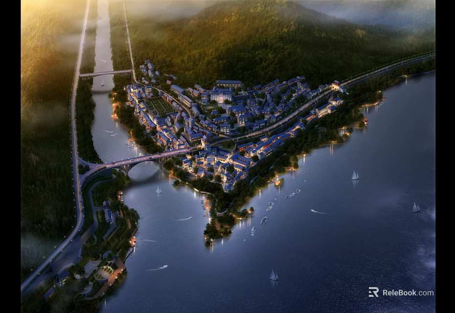 Scenic Aerial Planning With Mountains Rivers Bridge And Waterfront Building Complex 3d model 