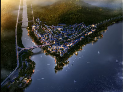 Scenic Aerial Planning With Mountains Rivers Bridge And Waterfront Building Complex 3d model