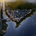 Scenic Aerial Planning With Mountains Rivers Bridge And Waterfront Building Complex