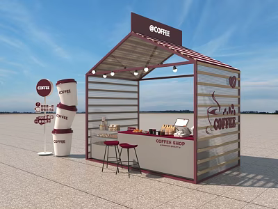 Stylish Coffee Break Area With Wooden Slat Kiosk Red Bar Stools And Coffee Cup Signs 3d model