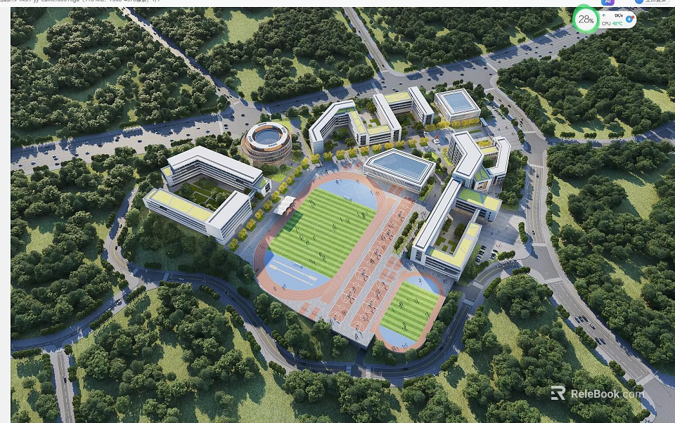 Aerial View Campus Planning with Buildings Sports Field and Greenery Layout 3d model 