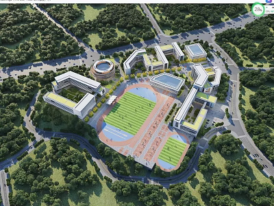 Aerial View Campus Planning with Buildings Sports Field and Greenery Layout 3d model