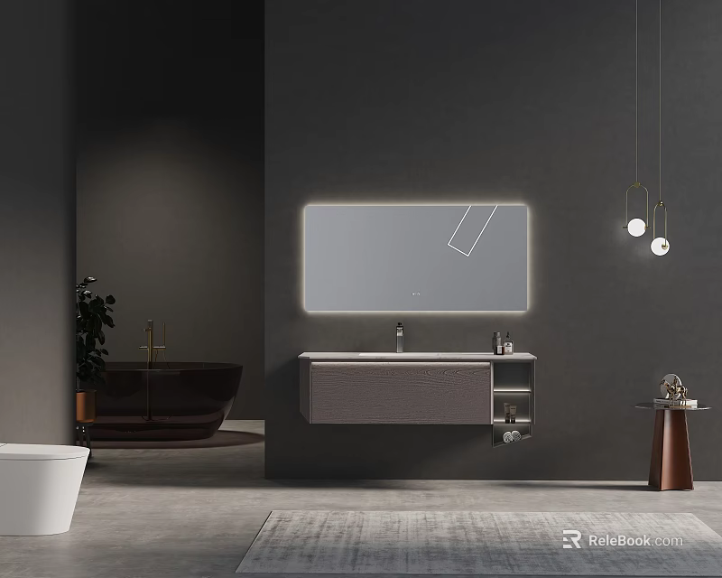 Modern Bathroom Vanity Cabinet with Backlit Mirror and Sink in Gray Interior 3d model 