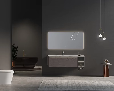 Modern Bathroom Vanity Cabinet with Backlit Mirror and Sink in Gray Interior 3d model