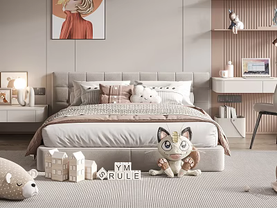 Cozy Kids Bedroom With Gray Headboard Double Bed Pillows Stuffed Toys And Rug 3d model