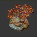 Red Leaf Tree With Vibrant Autumn Foliage Miniature Water Feature Bench And Green Grass Landscape