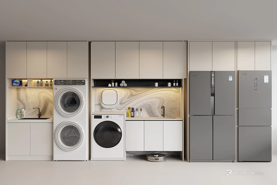 Modern Laundry Room Storage Cabinet Rack With Washing Machine Dryer And Refrigerator 3d model 