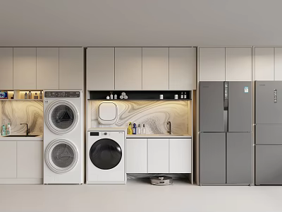 Modern Laundry Room Storage Cabinet Rack With Washing Machine Dryer And Refrigerator 3d model