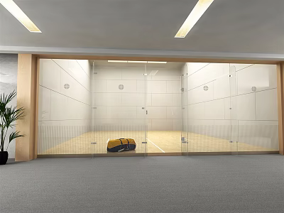 Indoor Squash Court With Glass Walls Wooden Floor And Fitness Equipment 3d model