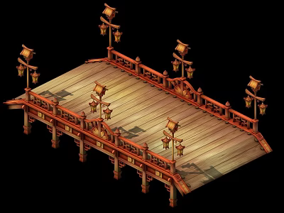 Traditional Chinese Bridge With Wooden Deck Red Railings And Decorative Lanterns 3d model