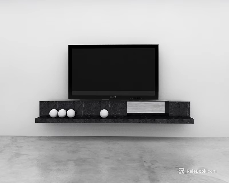 Modern Minimalist Black TV Stand With TV White Spherical Decorations And Silver Device 3d model 