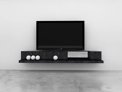 Modern Minimalist Black TV Stand With TV White Spherical Decorations And Silver Device 3d model