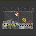 Security Fence With Barbed Wire Concrete Blocks Yellow Black Warning Stripes No Parking Warning Signs