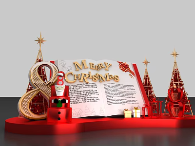Christmas Scene With Merry Christmas Sign Number 8 Small Trees Gifts And Red Decor Setup 3d model