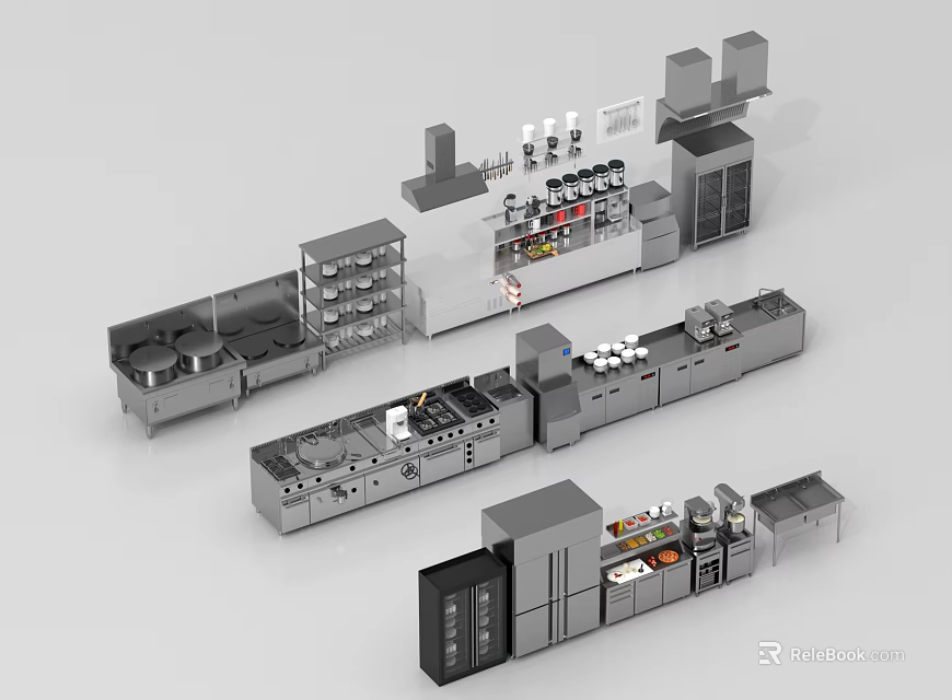 Modular Commercial Kitchen Equipment Systems With Functional Cooking And Storage Modules 3d model