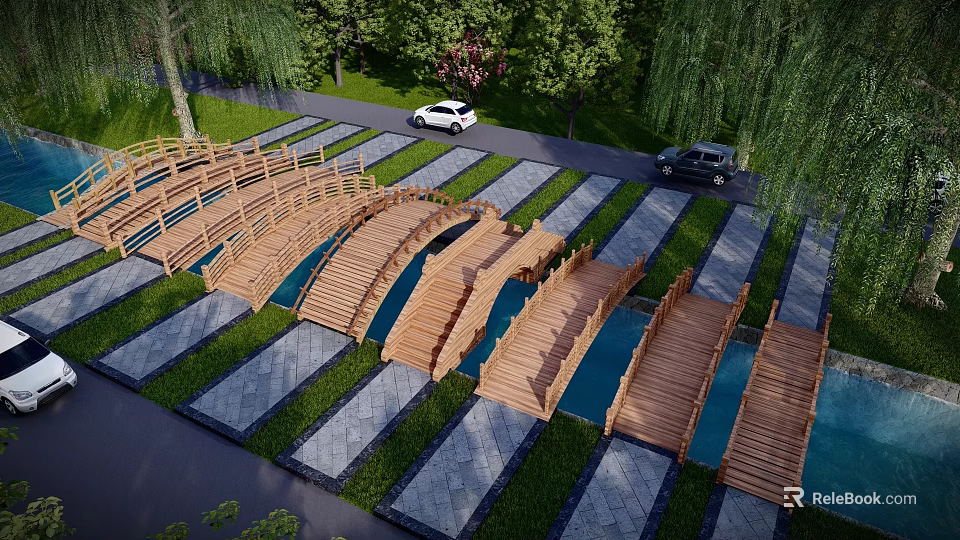 Wooden Landscape Bridge With Connected Structures Amid Green Lawn And Trees 3d model 