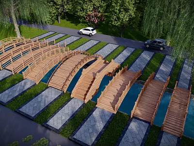 Wooden Landscape Bridge With Connected Structures Amid Green Lawn And Trees 3d model