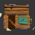 Craftsman Wooden Workbench With Various Tools Red Cloth Papers And Measuring Tape