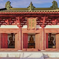 Traditional Chinese Ancient Architecture With Green Roofs Red Wooden Columns Stone Steps And Interior Statues