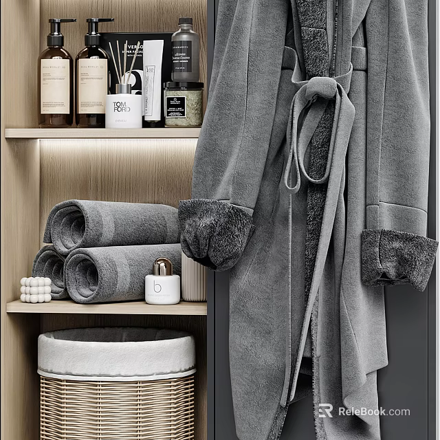Soft Rolled Towels On Wooden Shelf With Cozy Bathrobe And Bathroom Accessories 3d model 