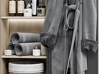 Soft Rolled Towels On Wooden Shelf With Cozy Bathrobe And Bathroom Accessories 3d model