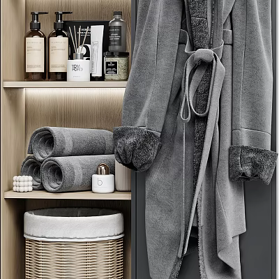 Soft Rolled Towels On Wooden Shelf With Cozy Bathrobe And Bathroom Accessories 3d model
