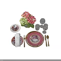 Elegant Dinnerware Set With Pink Plates Gold Trim White Napkin Wine Glasses And Hydrangea Bouquet