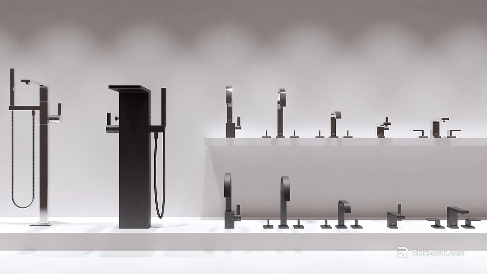 Various Modern Faucet Models With Large Black Faucet Displayed On White Countertop In Showroom 3d model 