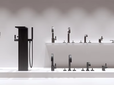 Various Modern Faucet Models With Large Black Faucet Displayed On White Countertop In Showroom 3d model