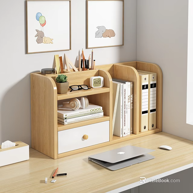 Laptop On Desk Top With Wooden Storage Shelf Books Folders Stationery And Potted Plant 3d model 