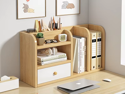 Laptop On Desk Top With Wooden Storage Shelf Books Folders Stationery And Potted Plant 3d model