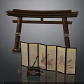 Traditional Japanese Torii Gate And Folding Screen Display With Painted Panels Calligraphy Brush And Inkstone