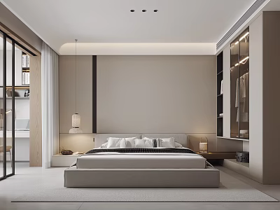 Modern Bedroom Interior Design With Large Bed Nightstands Pendant Light And Open Wardrobe 3d model
