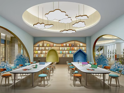Elementary School Library With Cloud-Shaped Pendant Lights Colorful Bookshelves Tables And House-Shaped Nooks 3d model