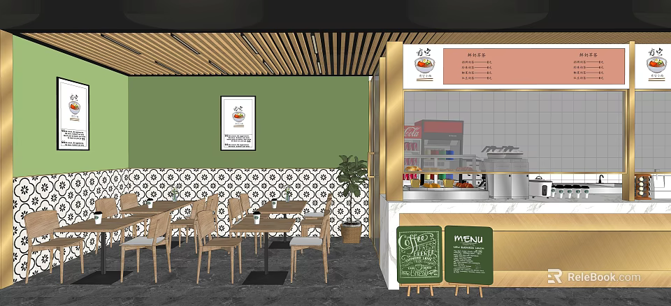 Modern Mall Cafe Shop With Green Wall Wooden Ceiling Dining Tables And Menu Boards 3d model 