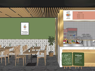 Modern Mall Cafe Shop With Green Wall Wooden Ceiling Dining Tables And Menu Boards 3d model