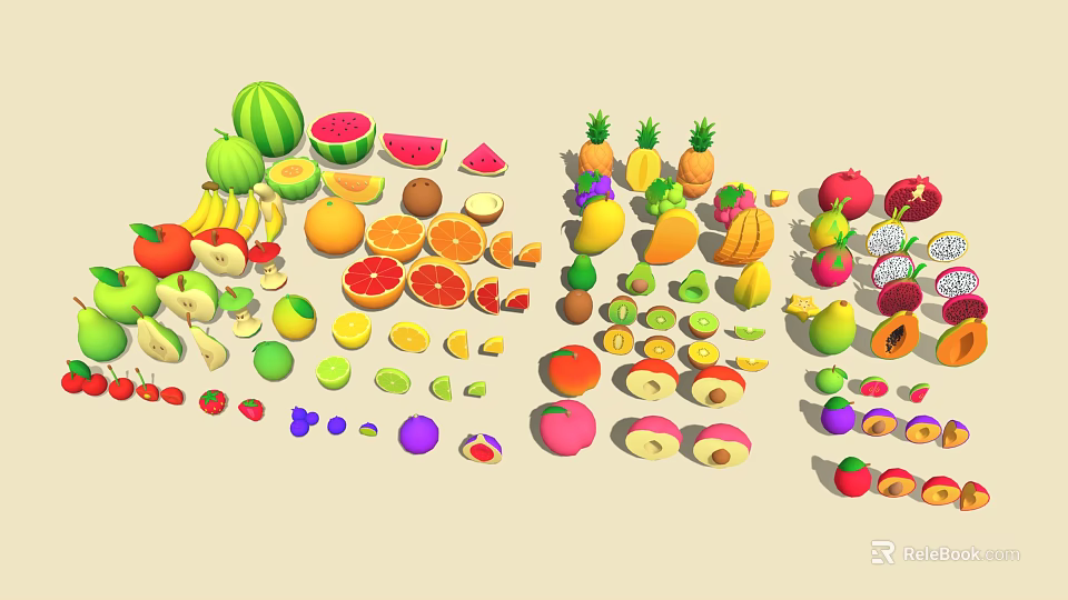 Variety of Colorful Fruits Including Whole and Sliced Options Like Watermelon Banana Apple and More 3d model 