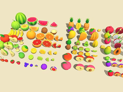 Variety of Colorful Fruits Including Whole and Sliced Options Like Watermelon Banana Apple and More 3d model