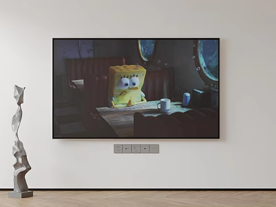 Wall Mounted TV Displaying SpongeBob Sitting at Table With Cup in Modern Room 3d model