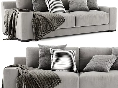 Modern Gray Two Seater Sofa With Striped Pillows And Knit Blanket 3d model