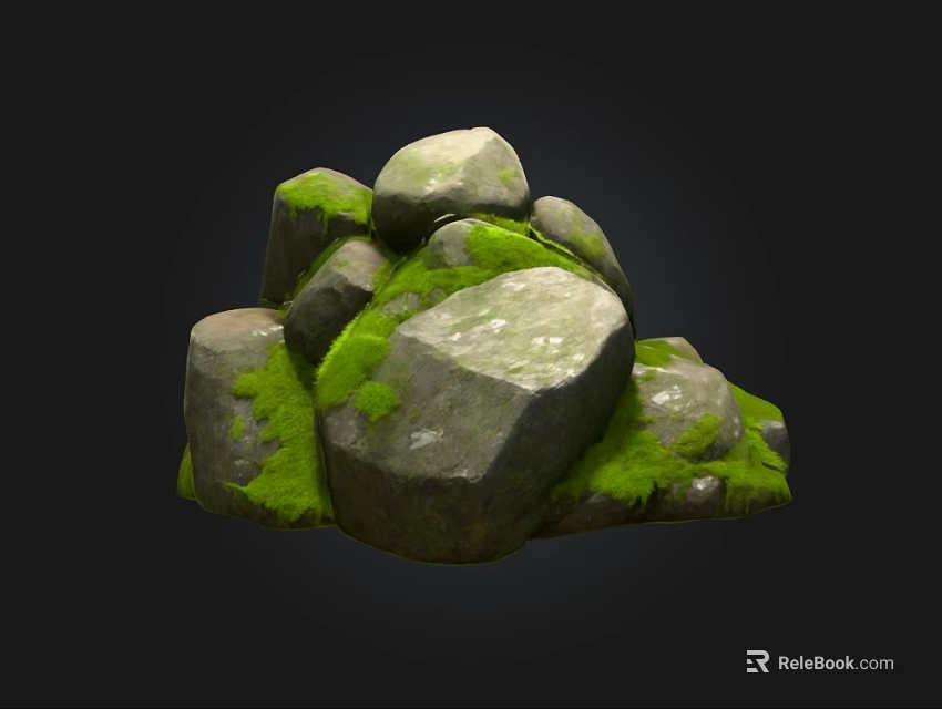 Natural Stone and Wood Structure Covered with Lush Green Moss 3d model 