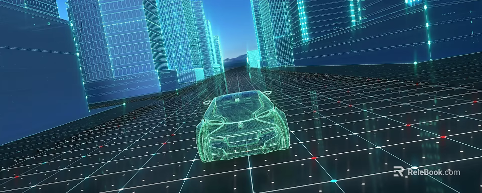 Modern Futuristic Urban Buildings With Transparent Car On Grid Ground Blue Tone 3d model 