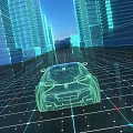 Modern Futuristic Urban Buildings With Transparent Car On Grid Ground Blue Tone